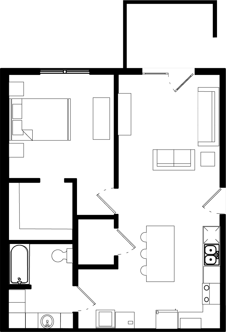 1-Bed 1-Bath (L) floor plan